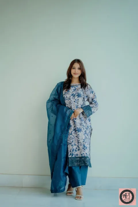Teal floral printed three-piece set